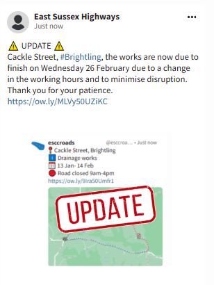 The drainage works on Cackle Street, Brightling have been extended until Wednesday 26th February 2025. This extension is necessary due to revised working hours aimed at minimising disruption.